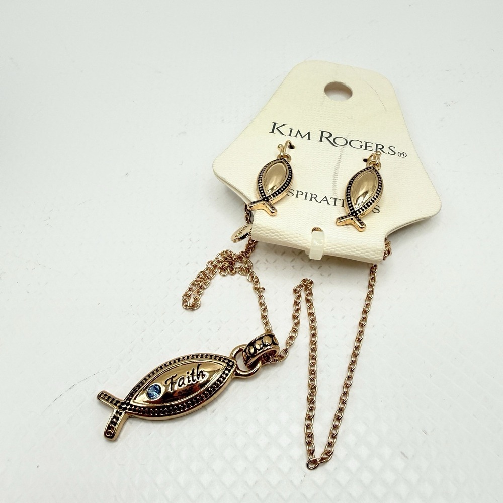 Kim Rogers Gold Tone‎ 19" Fish Faith Pendant Necklace and Hook Earrings Set NWT